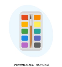 Multicolor watercolour paint box vector illustration drawing container education school and hobby tool creativity colorful palette equipment.