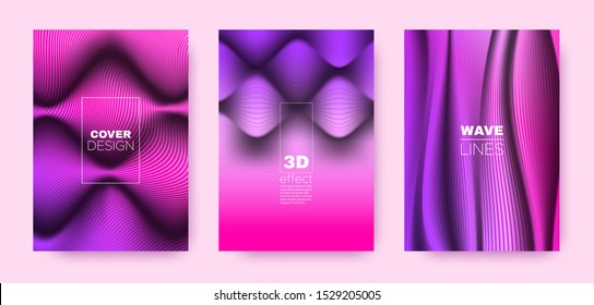 Multicolor Wave Cover. Purple Design Concept. Dynamic Striped Pattern. 3d Movement Background. Magenta Striped Pattern. Fluid Background. Abstract Cover. 3d Geometric Template.