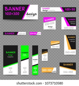 Multicolor web banner templates set with shadow on transparent background. Standard internet size banners collection dimensions in pixels