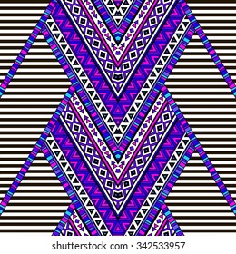 multicolor zigzag tribal Navajo seamless pattern with black and white strips. aztec abstract geometric art print. ethnic hipster backdrop. Wallpaper, cloth design, fabric, paper, wrapping, textile.