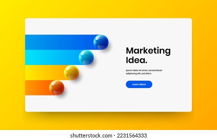 Diseño de folletos de bolas 3D multicolores. Plantilla de diseño vectorial de sitio web creativo.