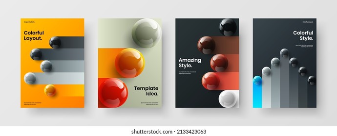 Multicolored 3D balls corporate identity layout set. Minimalistic catalog cover A4 design vector template bundle.