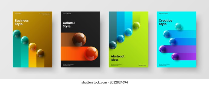 Multicolored 3D balls front page layout set. Trendy catalog cover A4 vector design concept composition.