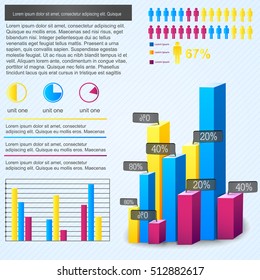 Multicolored 3d bar chart infographic with percent ratio people ratio and place for text vector illustration