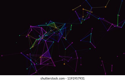 Multicolored  3d connection of lines and dots. Geometrical big data wireframe. Broken polygonal mesh. Low poly wallpaper. Science concept. Neural networks and artificial intelligence processes .