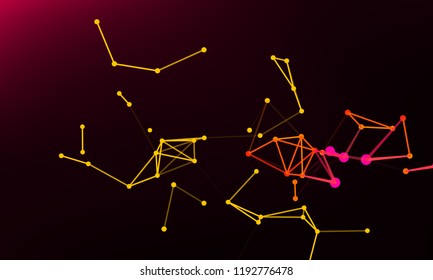 Multicolored  3d connection of lines and dots. Geometrical big data wireframe. Broken polygonal mesh. Low poly wallpaper. Science concept. Neural networks and artificial intelligence processes .