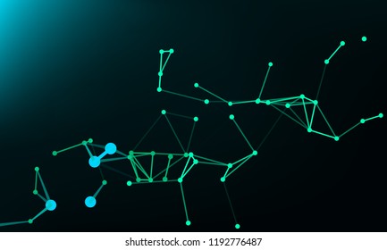 Multicolored  3d connection of lines and dots. Geometrical big data wireframe. Broken polygonal mesh. Low poly wallpaper. Science concept. Neural networks and artificial intelligence processes .
