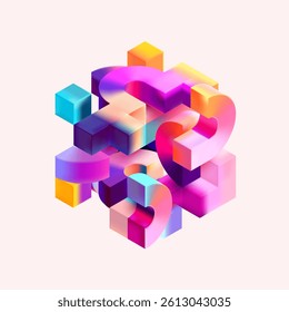 Multicolored 3D cube. Glass iridescent geometric shape.