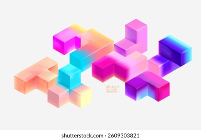 Multicolored 3D cubes. Glass iridescent geometric shape. Abstract conceptual background