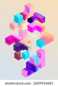 Multicolored 3D cubes. Glass iridescent geometric shape. Abstract conceptual background