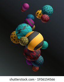 Multicolored 3D decorative balls on dark background. Abstract vector illustration.