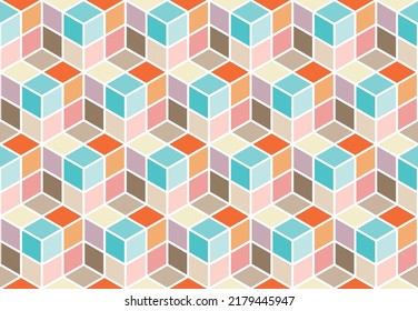 mehrfarbige 3D-Effekt-Würfel wiederholen Muster in hellorangefarbenen, blauen und rosa Farbtönen mit weißer Umrisslinie, geometrische Vektorgrafik