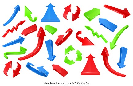 Multicolored 3d glossy arrows. Pointing signs vector set of direction colored arrow illustration
