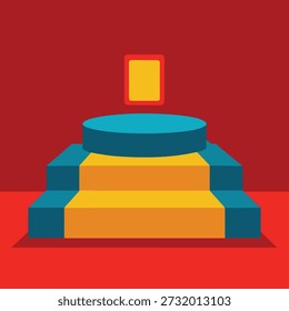 Multicolored 3D podium with circular top and rectangular steps on red background