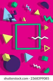 Multicolored 3D shapes vector composition on pink background for creating pattern in Memphis style of 90's. Cubes, triangles and curved lines scattered in a chaotic manner.