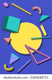 Multicolored 3D shapes vector composition on blue background for creating geometric pattern in Memphis style of 90's. Tori, triangles, dots and curved lines scattered in a chaotic manner.