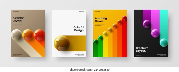 Conjunto de concepto de cobertura de catálogo de esferas 3D multicolores. Paquete de plantilla de diseño vectorial A4 de volante fresco.
