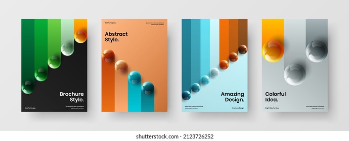 Multicolored 3D spheres leaflet template bundle. Amazing catalog cover A4 vector design layout composition.
