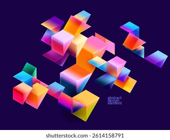 Multicolored 3D triangles. Glass iridescent geometric shape. Abstract vector composition