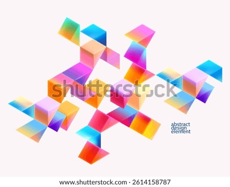 Multicolored 3D triangles. Glass iridescent geometric shape. Abstract vector background