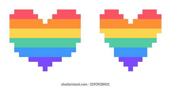 Multicolored 8 bit pixel hearts clipart collection. Perfect for sticker, label, card. Flat isolated vector illustration.

