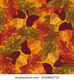 Multicolored abstract autumn vector seamless pattern with oak leaves and acorns for printing on fabric, paper and decoration for seasonal festivals and holidays.