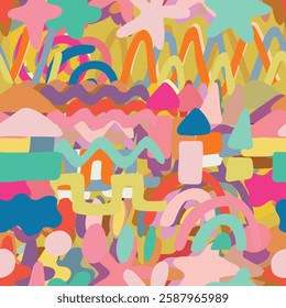 Multicolored abstract background of different figures. Lines, circles, figures, colorful bright. Backgrounds. Doodle illustration. Vector illustration.