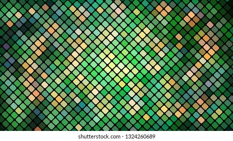 Multicolored abstract background of green squares, rhombuses, rectangles tiles, mosaic with seams of glowing magical energy shiny bright beautiful. Vector illustration. Texture.