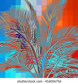 multicolored abstract background with tropical palm trees in the background of the pixels in the variegated psychedelic colors