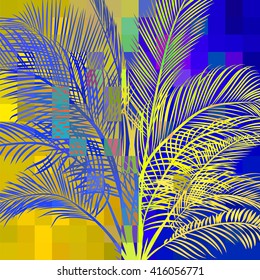 multicolored abstract background with tropical palm trees in the background of the pixels in the variegated psychedelic colors