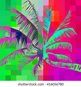 multicolored abstract background with tropical palm trees in the background of the pixels in the variegated psychedelic colors
