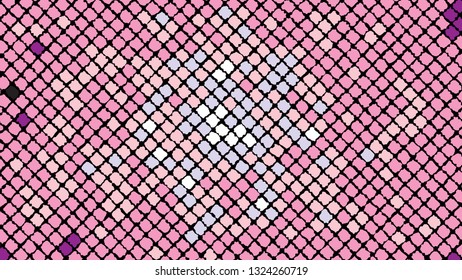Multicolored abstract background of violet pink squares, rhombuses, rectangles tiles, mosaic with seams of glowing magical energy shiny bright beautiful.