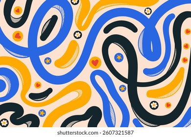Multicolored Abstract Background with Wavy Lines and Red Hearts. Decorative groovy fluid lines isolated on white background. Hand drawn geometric bulky lines. Hippie banner . Vector illustration