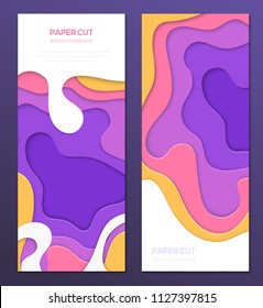 Multicolored abstract banner - set of vector template illustrations on dark background with place for your info. Paper cut shapes, bright colors. Two vertical posters of high quality for your business