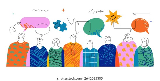 A multicolored abstract crowd of people with different speech bubbles and doodles above them. The concept of bond in society, individuality and diverse in the crowd in the style of a collage.