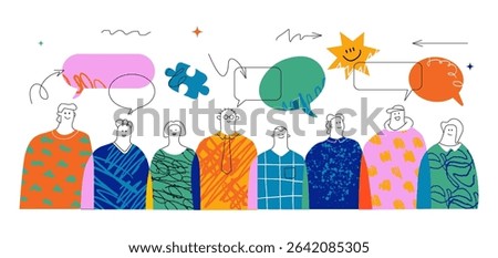 A multicolored abstract crowd of people with different speech bubbles and doodles above them. The concept of bond in society, individuality and diverse in the crowd in the style of a collage.