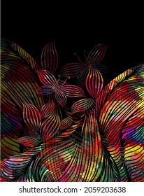 Multi-colored abstract dark background of lines and butterflies. Vector illustration