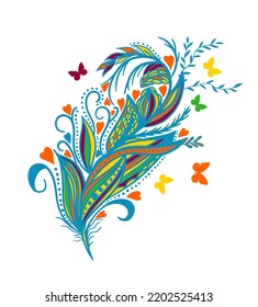 Multicolored abstract feather. Vector illustration, Hand Drawn Sketch Vector illustration.