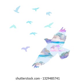 Multicolored abstract flock of birds in the sky. Vector 