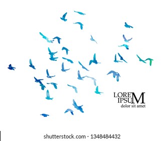 Multicolored abstract flock of birds in the sky. Vector illustra