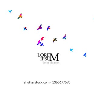 Multicolored abstract flock of birds in the sky. Vector 