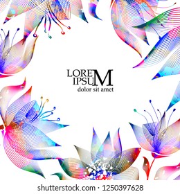 Multicolored abstract flowers from lines. Magic background. Vector