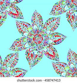 Multicolored abstract flowers, oriental seamless pattern on blue background