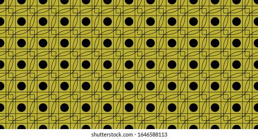 Multicolored abstract geometric texture with black outlines and circles elements, seamless pattern, print trend 2020