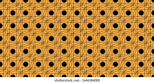 Multicolored abstract geometric texture, orange background with black outlines and circles elements, seamless pattern, print trend 2020