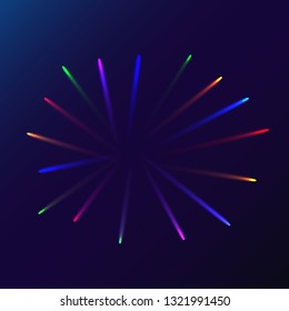 Multicolored abstract glowing festive salute, fireworks, magical energy, brilliant electric cosmic fiery of lines, stripes, rays of light on a colored background. Vector illustration. Texture.