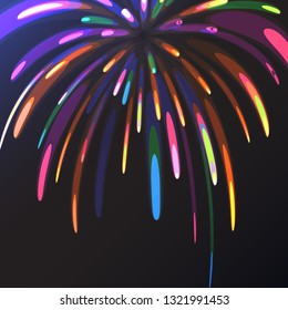 Multicolored abstract glowing festive salute, fireworks, magical energy, brilliant electric cosmic fiery of lines, stripes, rays of light on a colored background. Vector illustration. Texture.