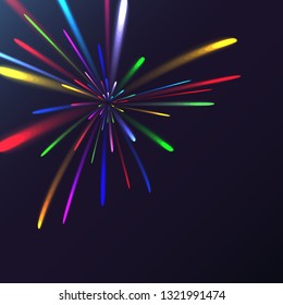 Multicolored abstract glowing festive salute, fireworks, magical energy, brilliant electric cosmic fiery of lines, stripes, rays of light on a colored background. Vector illustration. Texture.