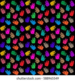 Multicolored abstract hand gestures on a black background. Funny seamless pattern, vector design for textiles made of cotton and silk, bandannas, prints, curtains, wallpaper, wrapping paper. 