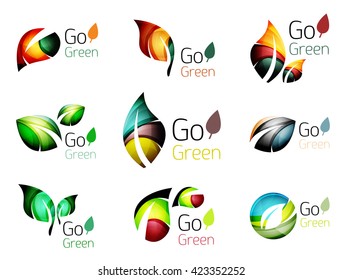 Hojas abstractas multicolores en el conjunto de logotipos de concepto de naturaleza. Ilustración del vector
